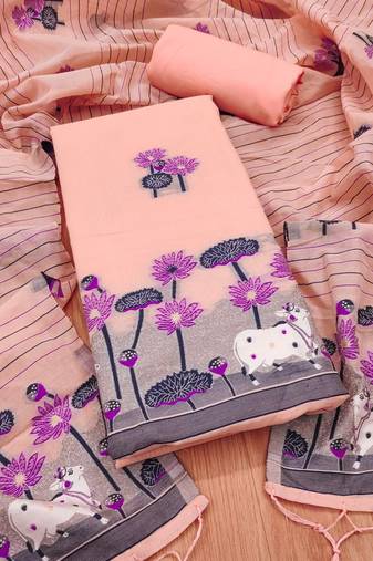 peach muga cotton jamdani weaving 3-piece dress material set