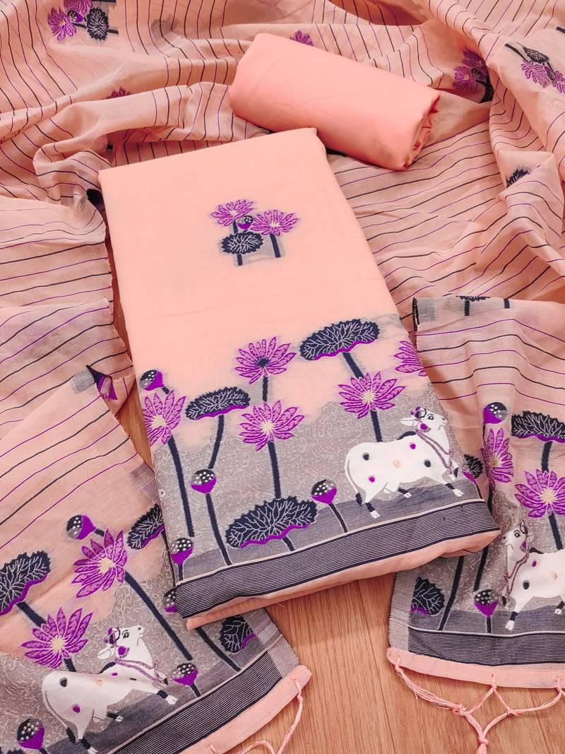 peach muga cotton jamdani weaving 3-piece dress material set