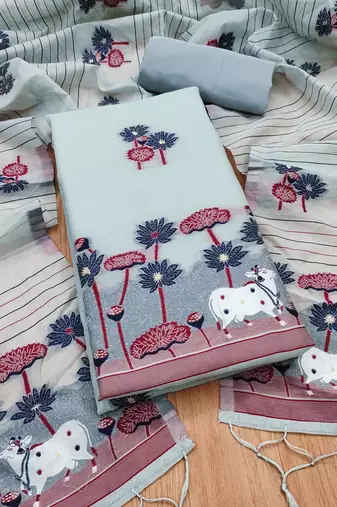 Grey jamdani weaving muga cotton 3 piece dress material