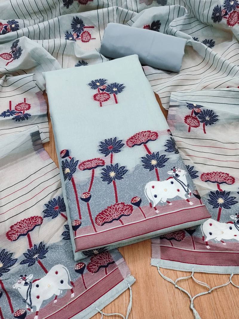 grey muga cotton jamdani weaving 3-piece dress material set