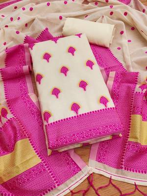 pink chanderi cotton resham dress material 1