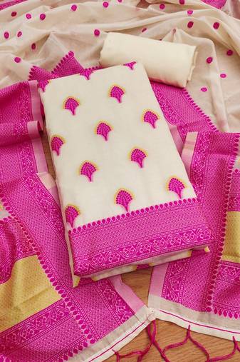 pink chanderi cotton 3-piece resham weaving dress material