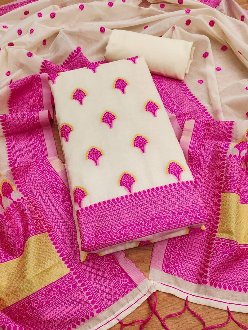 pink chanderi cotton 3-piece resham weaving dress material
