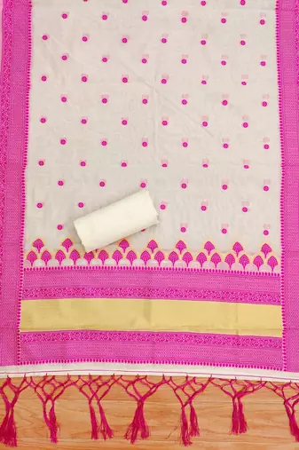 pink chanderi cotton resham dress material