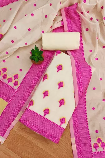 pink chanderi cotton resham dress material
