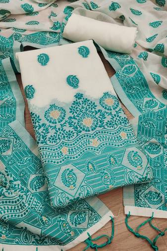 teal resham weaving chanderi cotton 3-piece dress material