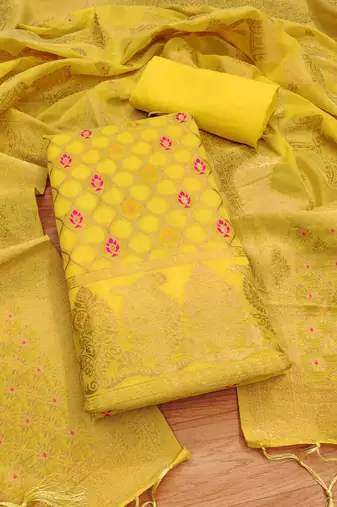 Yellow jari weaving chanderi cotton 3 piece dress material