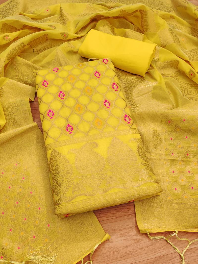 unstitched yellow chanderi cotton 3-piece set with zari work