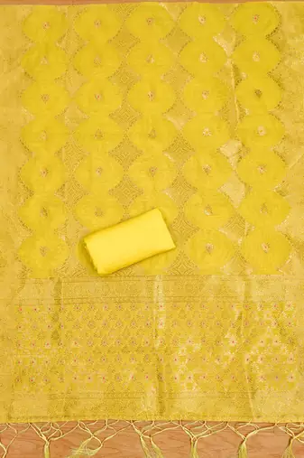 unstitched yellow chanderi cotton set with zari work