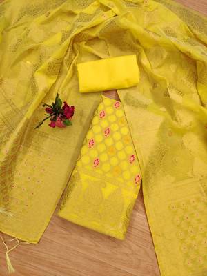 unstitched yellow chanderi cotton set with zari work 3
