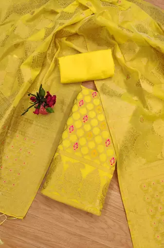 unstitched yellow chanderi cotton set with zari work