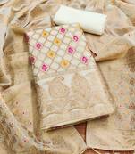 unstitched white chanderi cotton 3-piece set with zari work