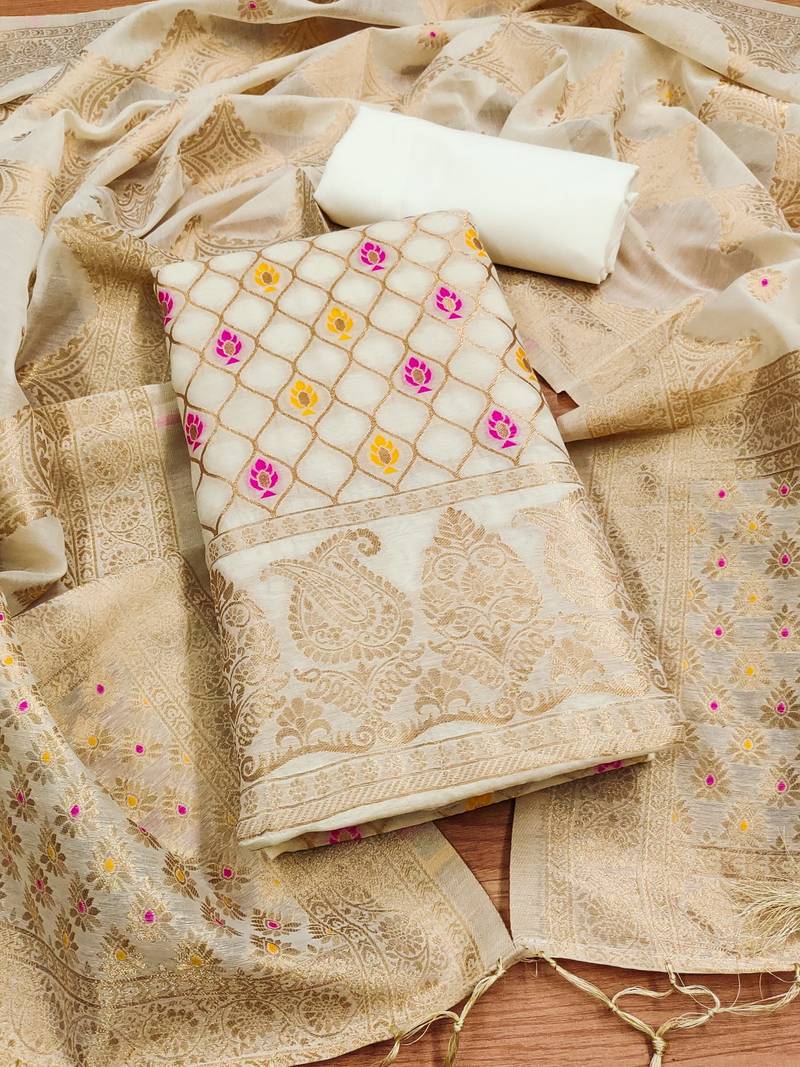 unstitched white chanderi cotton 3-piece set with zari work