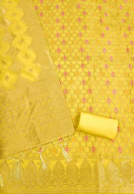 unstitched yellow chanderi cotton set with zari work 4