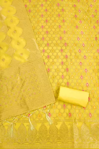 unstitched yellow chanderi cotton set with zari work