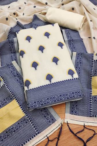 navy blue chanderi cotton 3-piece resham weaving dress material