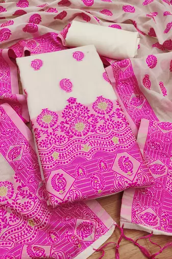 Pink resham weaving chanderi cotton 3 piece dress material