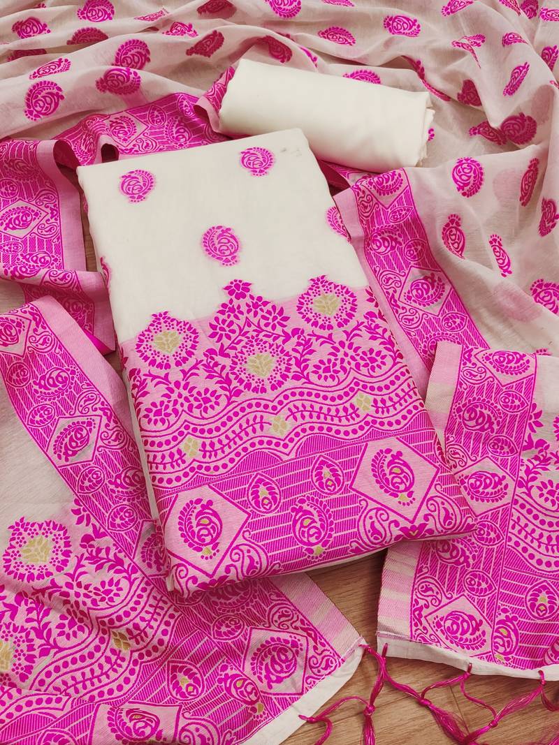 pink resham weaving chanderi cotton 3-piece dress material