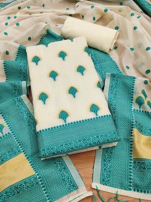 teal chanderi cotton 3-piece resham weaving dress material 1