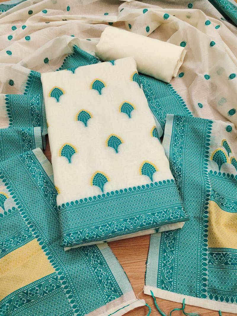 teal chanderi cotton 3-piece resham weaving dress material