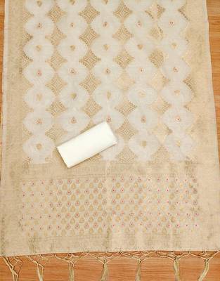 unstitched white chanderi cotton set with zari work 2