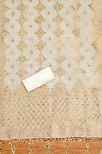 unstitched white chanderi cotton set with zari work