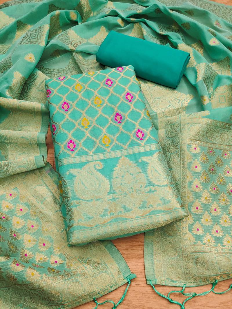 unstitched sea green chanderi cotton 3-piece set with zari work