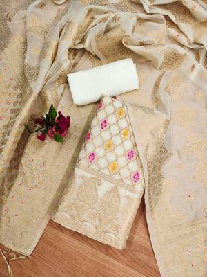 unstitched white chanderi cotton set with zari work 3