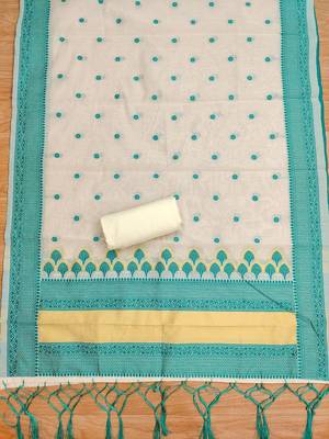 teal chanderi cotton 3-piece resham weaving dress material 2