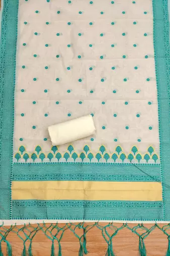 teal chanderi cotton 3-piece resham weaving dress material