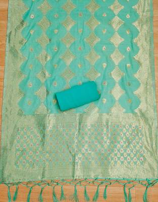 unstitched sea green chanderi cotton set with zari work 2