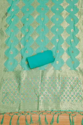 unstitched sea green chanderi cotton set with zari work