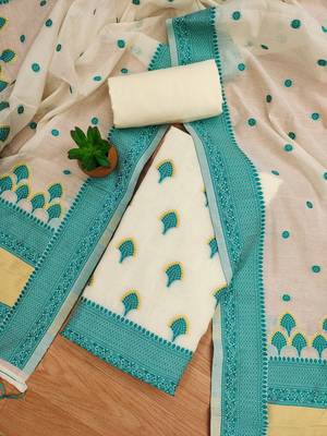 teal chanderi cotton 3-piece resham weaving dress material 3