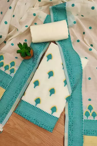 teal chanderi cotton 3-piece resham weaving dress material