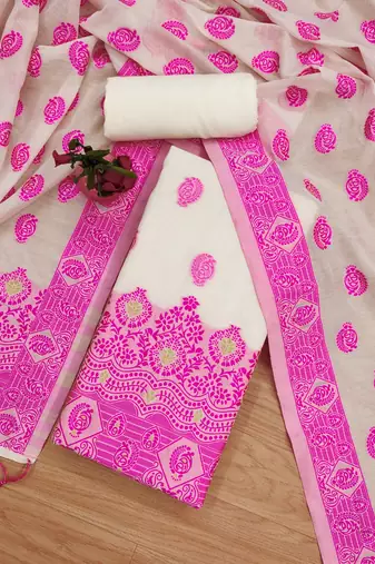 pink resham chanderi cotton dress material
