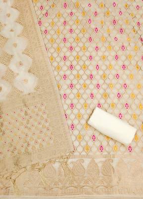unstitched white chanderi cotton set with zari work 4
