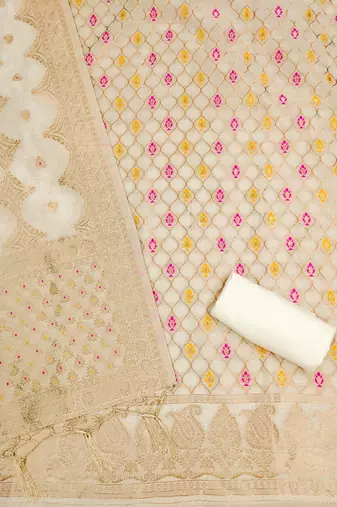 unstitched white chanderi cotton set with zari work