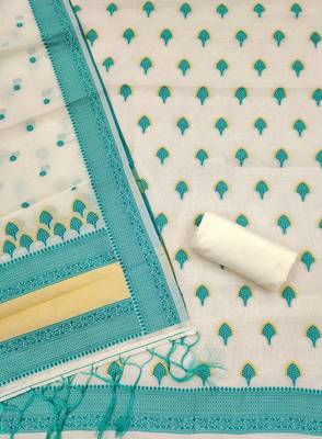 teal chanderi cotton 3-piece resham weaving dress material 4