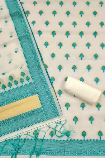 teal chanderi cotton 3-piece resham weaving dress material