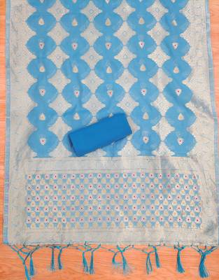 unstitched sky blue chanderi cotton set with zari work 2