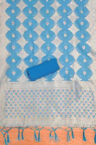 unstitched sky blue chanderi cotton set with zari work