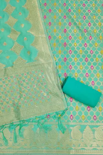 unstitched sea green chanderi cotton set with zari work