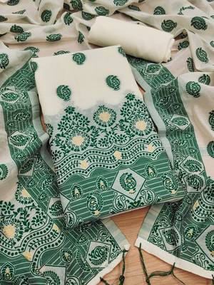 bottle green resham chanderi cotton dress material 1