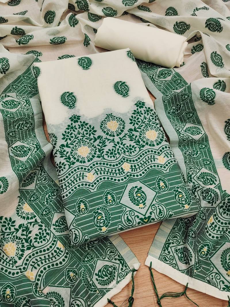 bottle green resham weaving chanderi cotton 3-piece dress material