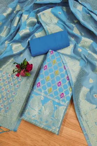 unstitched sky blue chanderi cotton set with zari work