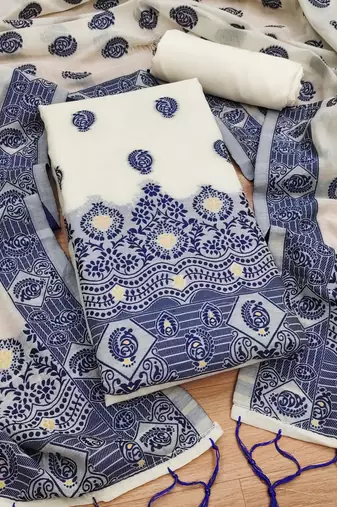 Navy blue resham weaving chanderi cotton 3 piece dress material