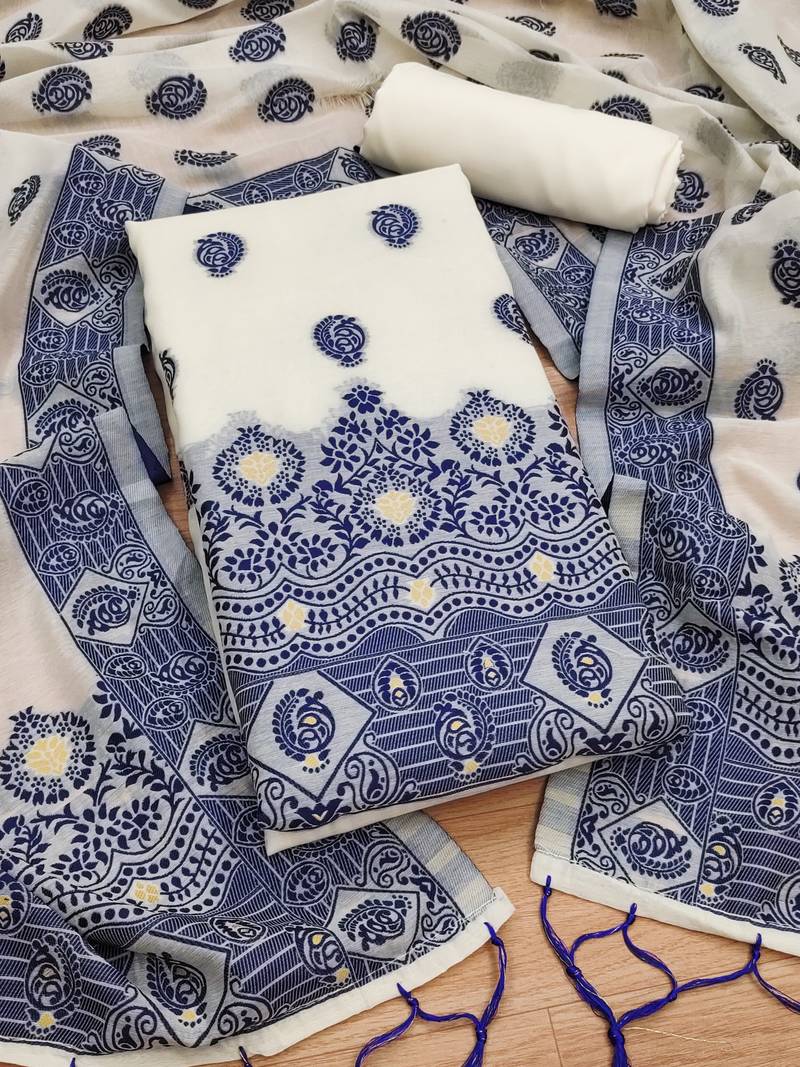 navy blue resham weaving chanderi cotton 3-piece dress material
