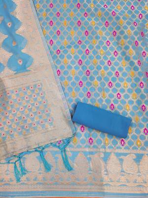 unstitched sky blue chanderi cotton set with zari work 4