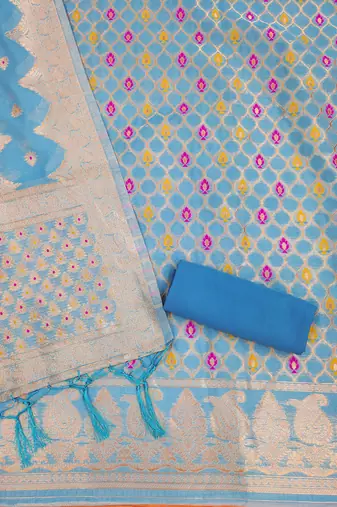 unstitched sky blue chanderi cotton set with zari work