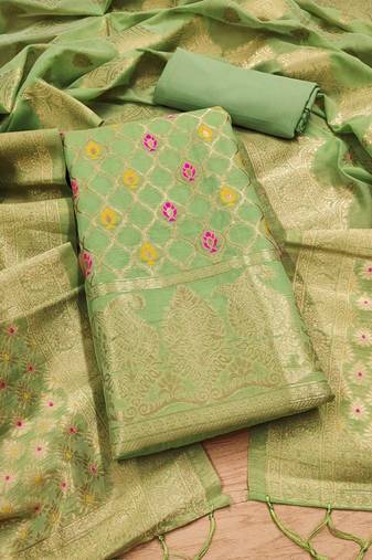 unstitched pista chanderi cotton 3-piece set with zari work